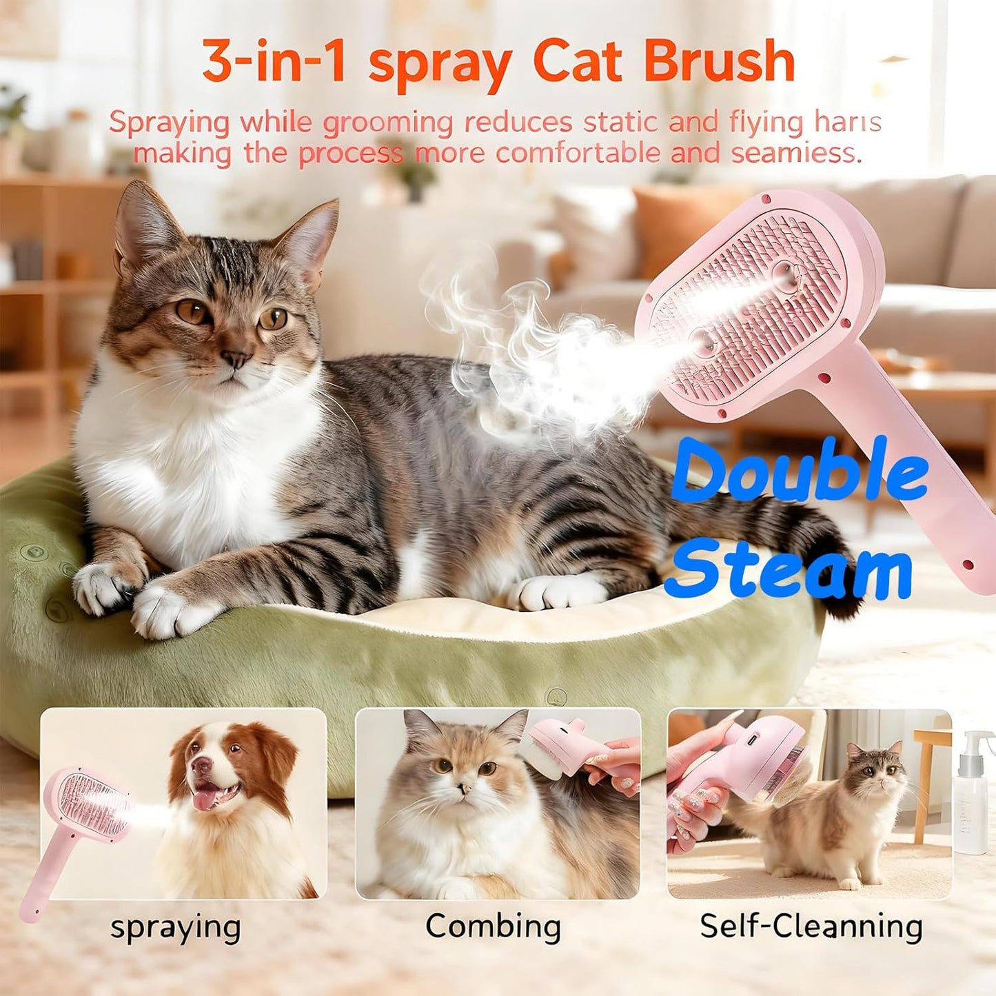 Cepillo De Vapor 3 En 1 Para Perros Y Gatos — Cepilla, Masajea Y Limpia Con Vapor