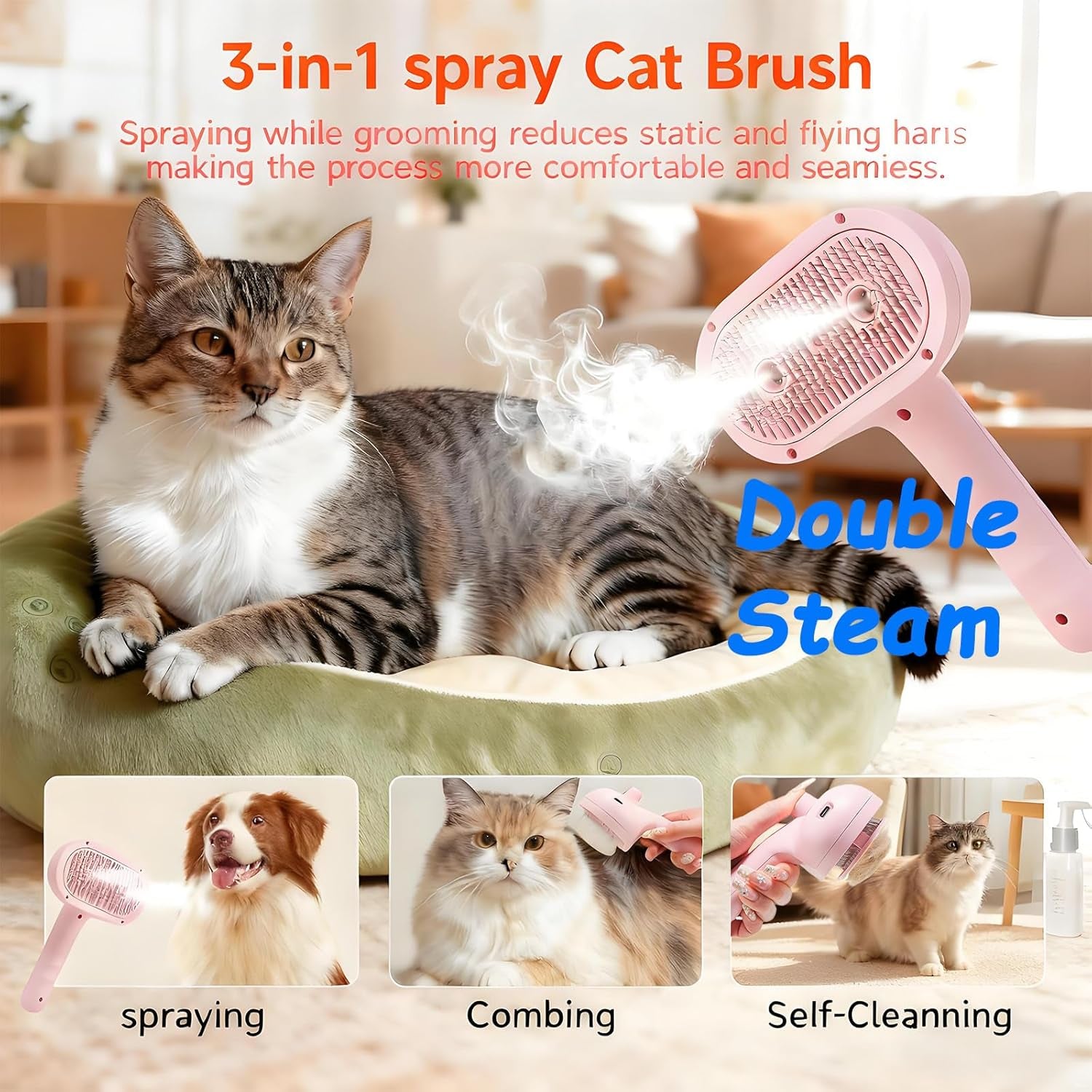 Cepillo De Vapor 3 En 1 Para Perros Y Gatos — Cepilla, Masajea Y Limpia Con Vapor